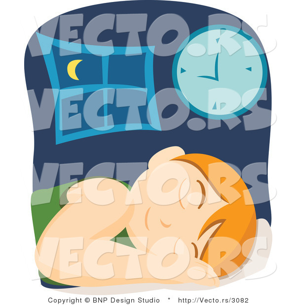 Vector of Tired Boy Sleeping in Bed Beside Clock