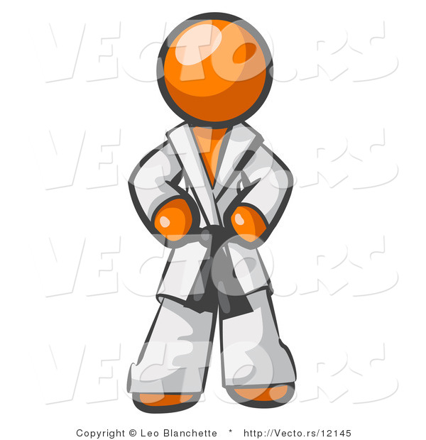 Vector of Tough Orange Guy in a White Karate Suit and a Black Belt, Standing with His Hands on His Hips