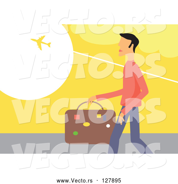 Vector of Traveling Guy Carrying Luggage and Watching a Plane Fly Above