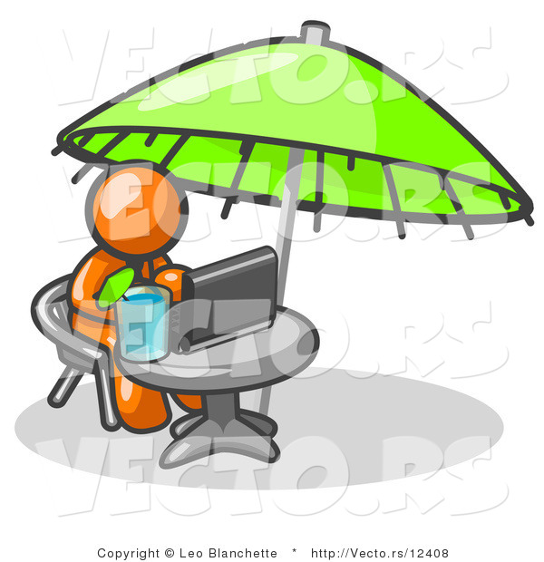Vector of Traveling Orange Business Guy Sitting Under an Umbrella at a Table Using a Laptop Computer