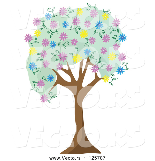 Vector of Tree with Green Foliage and Colorful Spring Blossoms