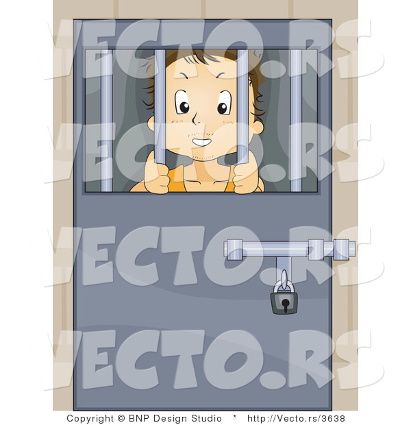 Vector of Troubled Kid Locked Behind Bars in a Juvenile Detention Center or Jail