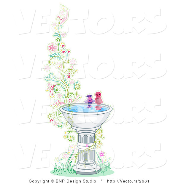 Vector of Two Birds at a Bird Bath Beside Floral Vines - Border Background Design