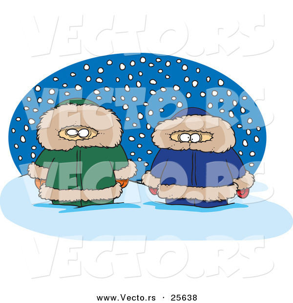 Vector of Two Cartoon Alaskans Standing in the Snow While Wearing Parkas