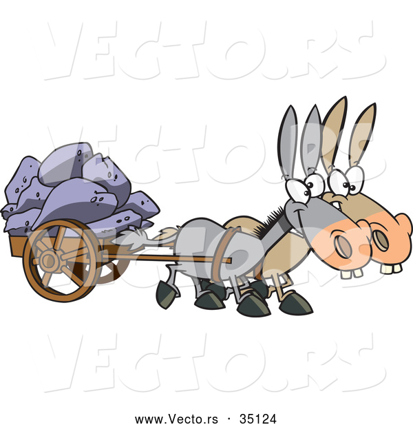 Vector of Two Cartoon Mules Pulling a Heavy Wagon Full of Rocks