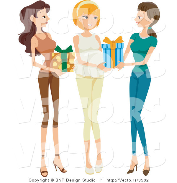 Vector of Two Girl Friends Giving Presents to Pregnant Woman at Baby Shower