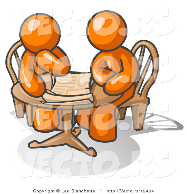 Vector of Two Guys Sitting at a Table, Discussing Papers