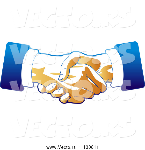 Vector of Two Hands of Business Men Engaged in a Deal Binding Handshake, in Blue and Tan Tones