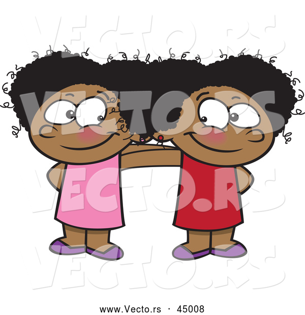 Vector of Two Happy Cartoon Black Girls Posing Together While Smiling at Each Other