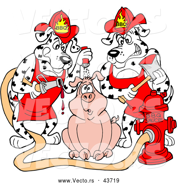 Vector of Two Hungry Cartoon Fire Fighter Dalmatian Dogs Pouring Hot BBQ Sauce over a Worried Pig