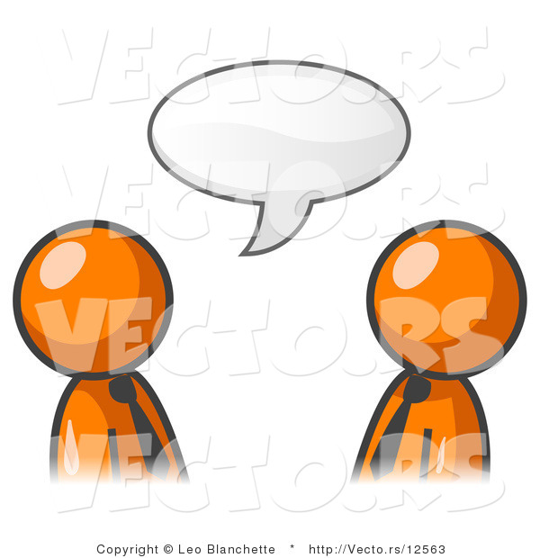 Vector of Two Orange Business Guys Having a Conversation with a Text Bubble
