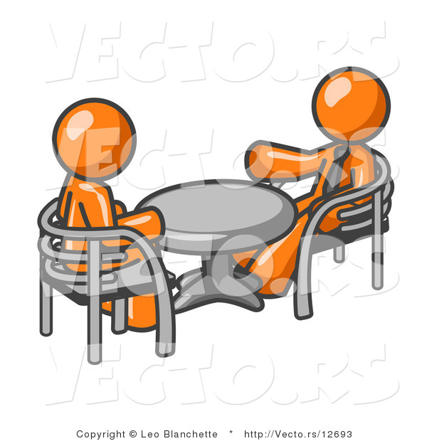 Vector of Two Orange Business Guys Sitting Across from Eachother at a Table During a Meeting