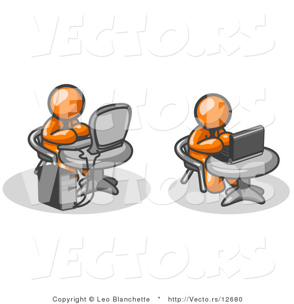 Vector of Two Orange Guys, Employees, Working on Computers in an Office, One Using a Desktop, the Other Using a Laptop