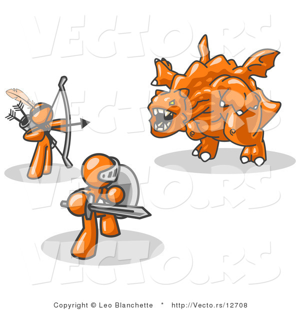 Vector of Two Orange Guys Working Together to Conquer an Obstacle, a Dragon
