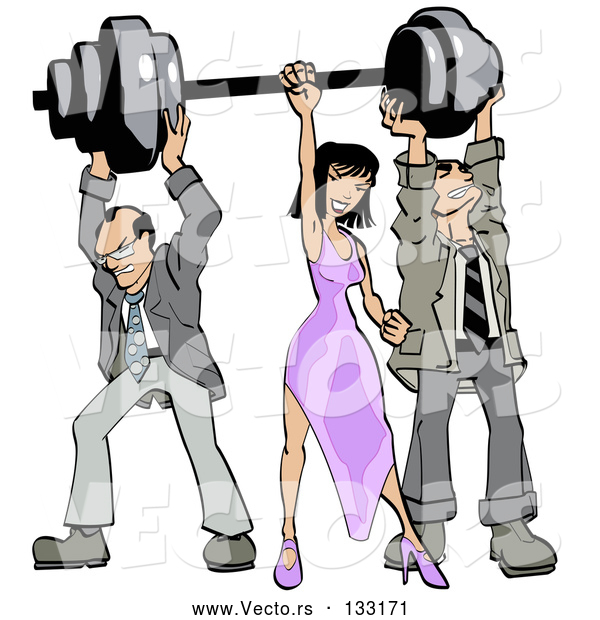 Vector of Two Struggling Business Men Holding up Weights on a Barbell While a Lady Grasps the Bar