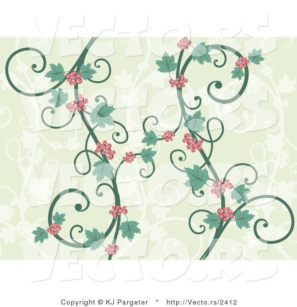 Vector of Two Unique Green Vines with Leaves and Red Berries over Pale Green Background with Silhouetted White Vines