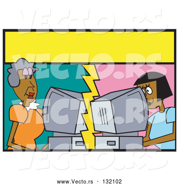 Vector of Two Women Chatting Together on Computers Online over the Internet with a Yellow Text Bubble Between Them