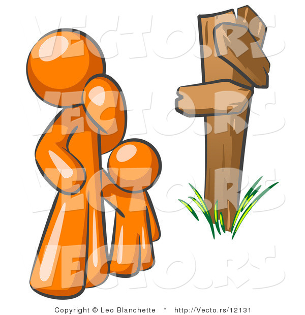 Vector of Uncertain Orange Guy and Child Standing at a Wooden Post, Trying to Decide Which Direction to Go at a Crossroads