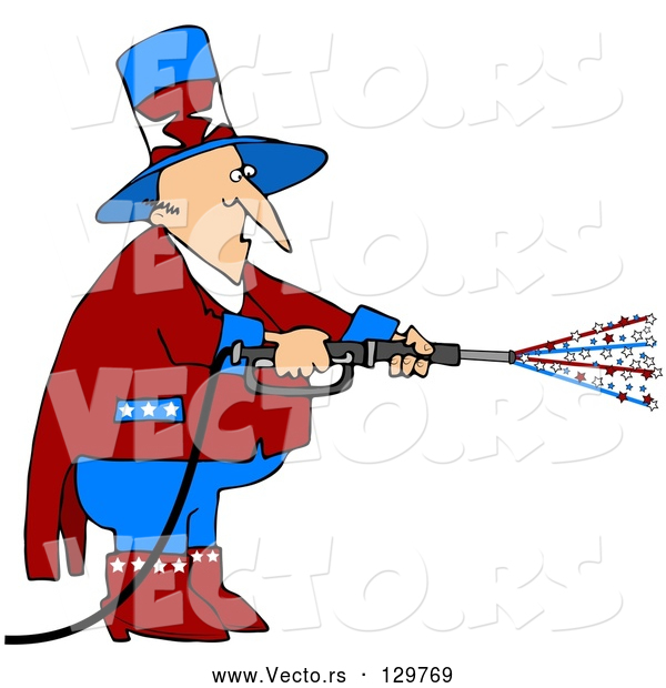 Vector of Uncle Sam in Red, White and Blue, Using a Power Washer and Spraying out Stars on Tax Day or the Fourth of July