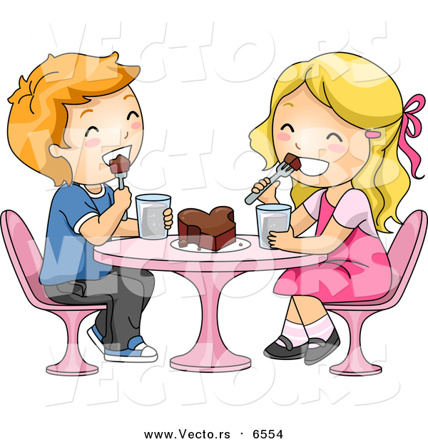Vector of Valentine Boy and Girl Kids Eating a Chocolate Love Heart Cake - Cartoon Style