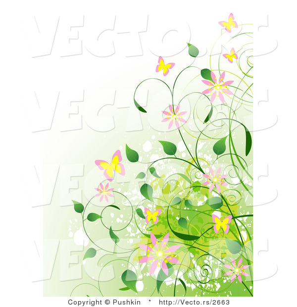 Vector of Vines, Flowers and Butterflies over a Gradient Green Background