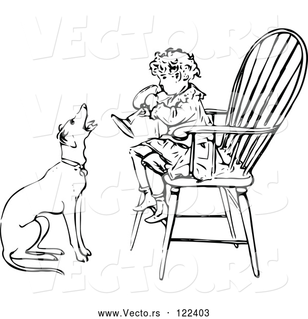 Vector of Vintage Black and White Boy Playing a Horn in a Chair As a Dog Barks Along