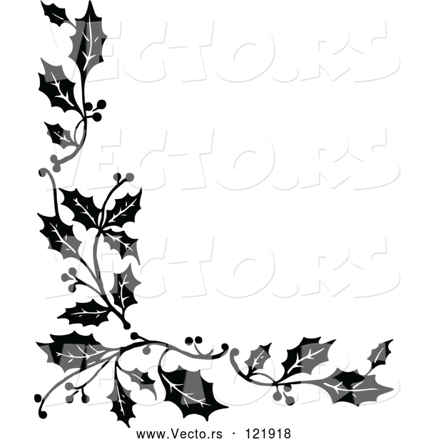 Vector of Vintage Black and White Corner Border of Christmas Holly Sprigs