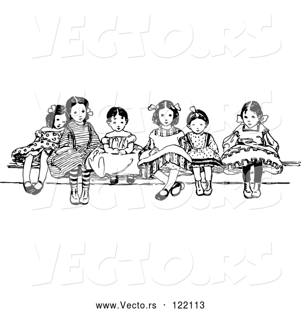 Vector of Vintage Black and White Girls Sitting