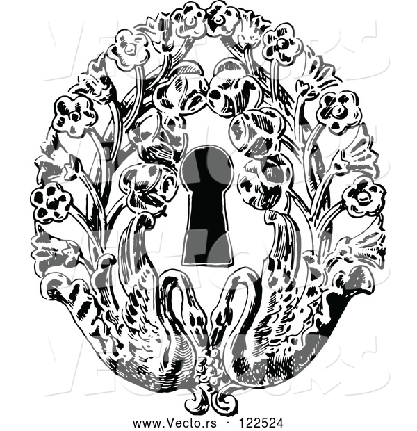 Vector of Vintage Black and White Keyhole with Flowers and Swans