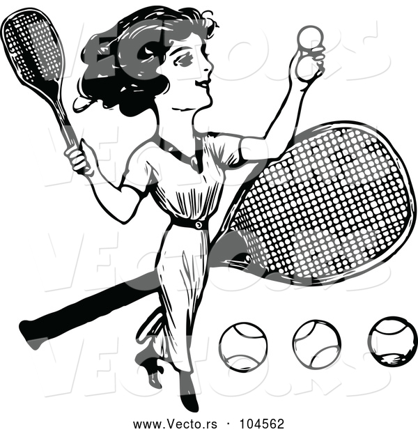 Vector of Vintage Black and White Lady Playing Tennis
