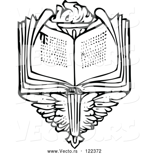 Vector of Vintage Black and White Open Book over Wings and a Torch