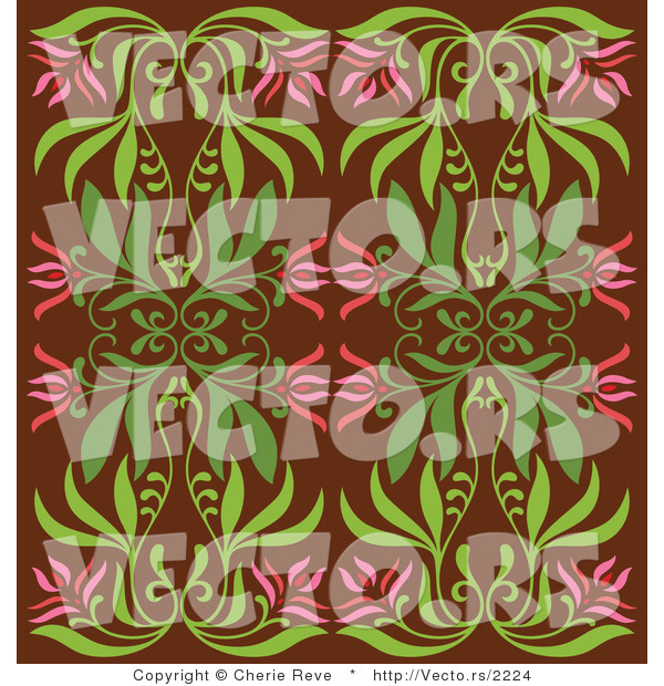 Vector of Vintage Pink and Green Floral Background Pattern over Brown