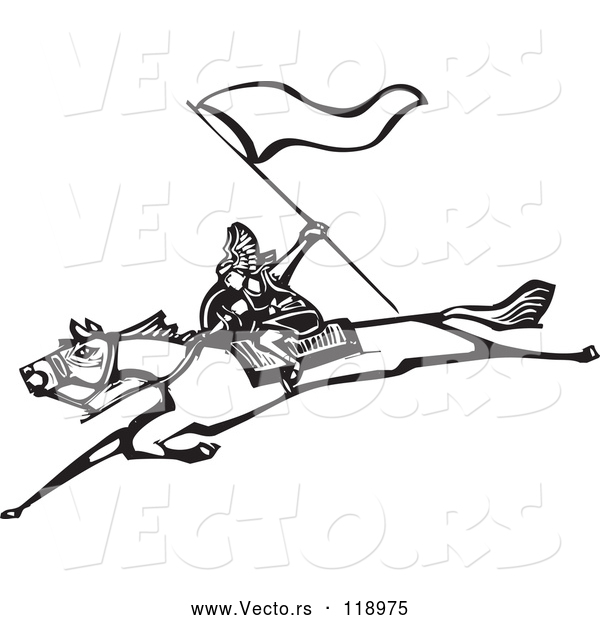 Vector of Warrior with a Flag on a Leaping Horse - Black and White Woodcut