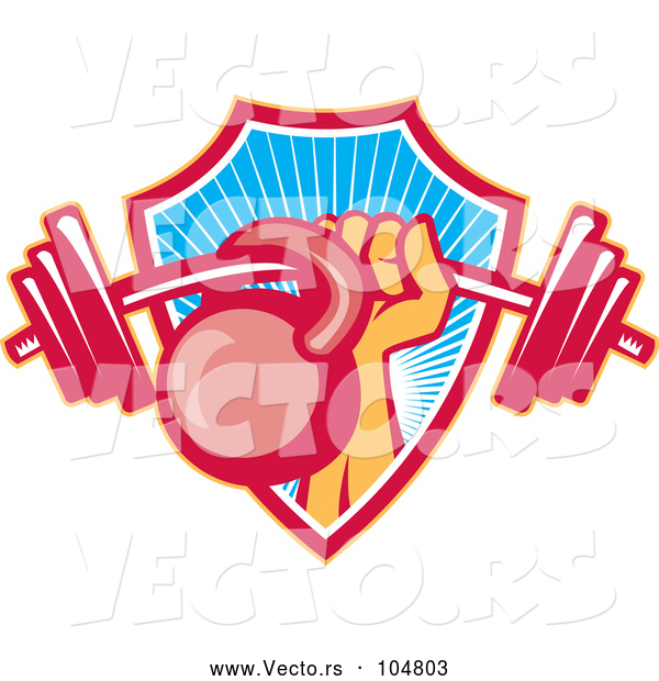 Vector of Weightlifter Hand with a Barbell and Kettlebell Emerging from a Ray Shield