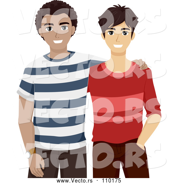 Vector of White and Black High School Buddies Embracing