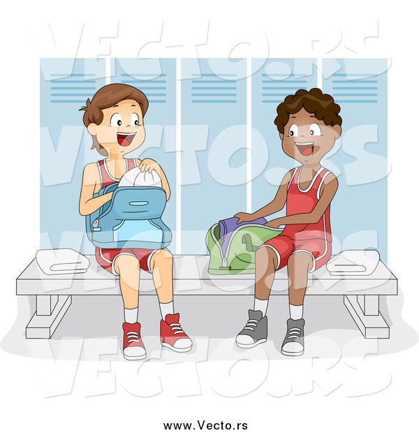 Vector of White and Black Male Teen Athletes in a Gym Locker Room