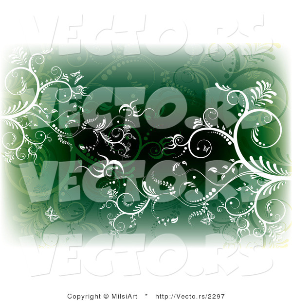 Vector of White and Green Vines and Butterflies - Background with Edges Fading to White
