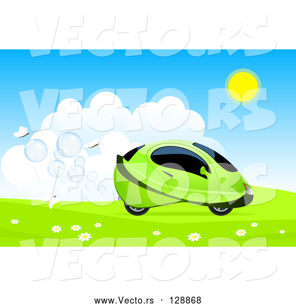 Vector of White Butterflies Behind a Green Hydro Car Driving Through a Meadow