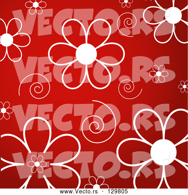 Vector of White Daisy Flowers and Swirls over a Red Background