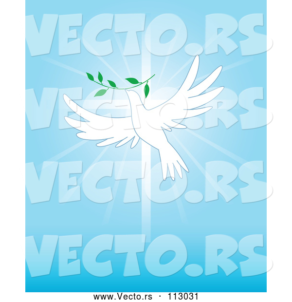 Vector of White Dove Flying with a Branch over a Cross and Blue Rays