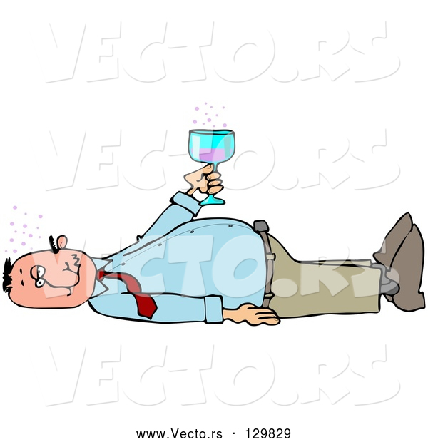 Vector of White Man Laying on His Back After Passing out from Getting Too Drunk, Holding a Glass of Alcohol over His Belly