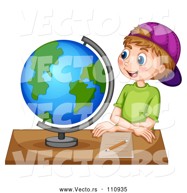 Vector of White School Boy Sitting at a Desk and Looking at a Globe