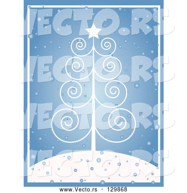 Vector of White Scroll Christmas Tree with a Star, on a Snowy Hilltop over Blue
