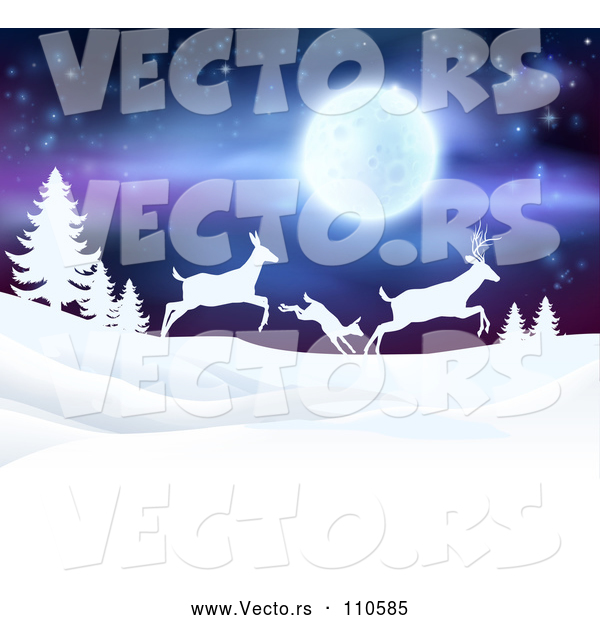 Vector of White Silhouetted Family of Deer Leaping over Snowy Hills and Evergreens Under a Full Moon