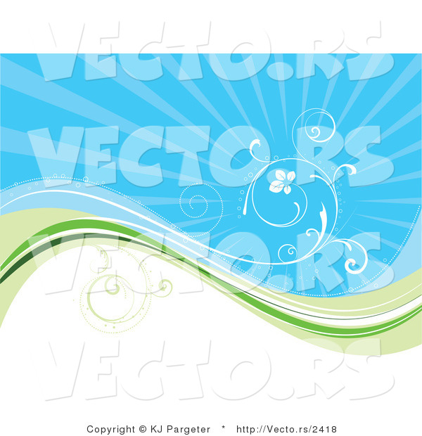 Vector of White Vine Curling Above Green Wave with Blue Background