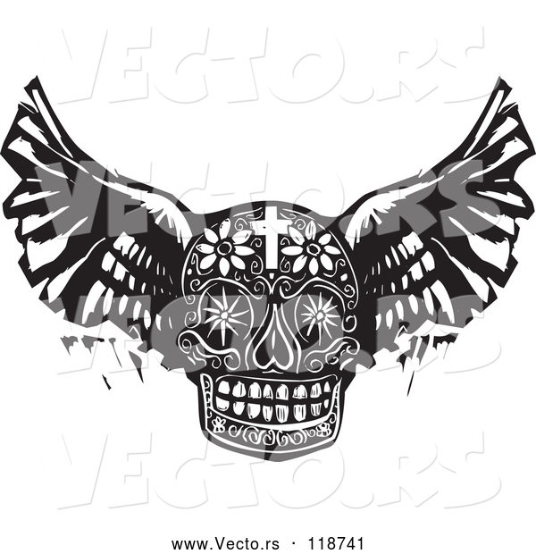 Vector of Winged Day of the Dead Skull in Black Woodcut Style