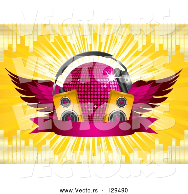 Vector of Winged Pink Purple Disco Ball with Headphones, Speakers and a Banner, on a Yellow Bursting Background with Equalizer Bars