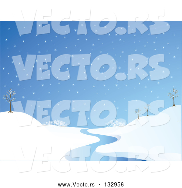Vector of Wintry Snowflakes Falling on a Landscape with Bare Trees and a Winding Stream