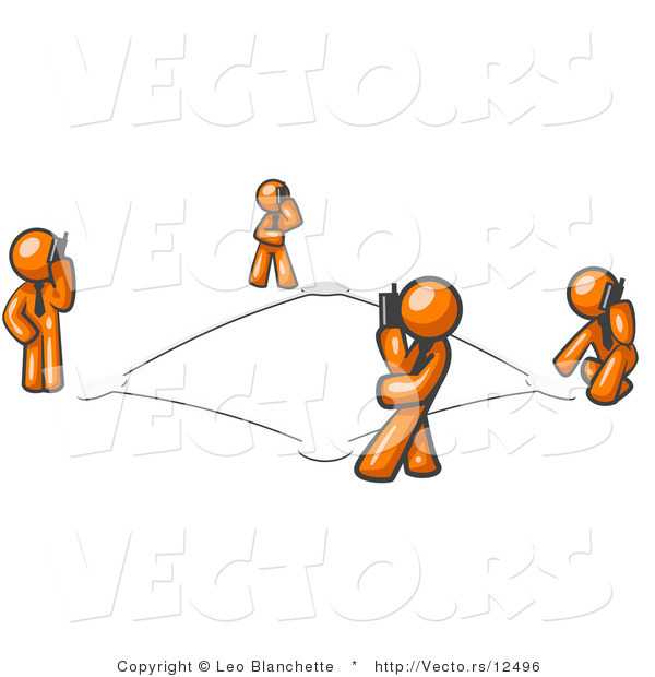 Vector of Wireless Telephone Network of Orange Guys Talking on Cell Phones
