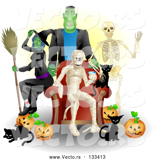 Vector of Witch, Frankenstein, Skeleton, Mummy, Black Cats and Pumpkins at a Halloween Party